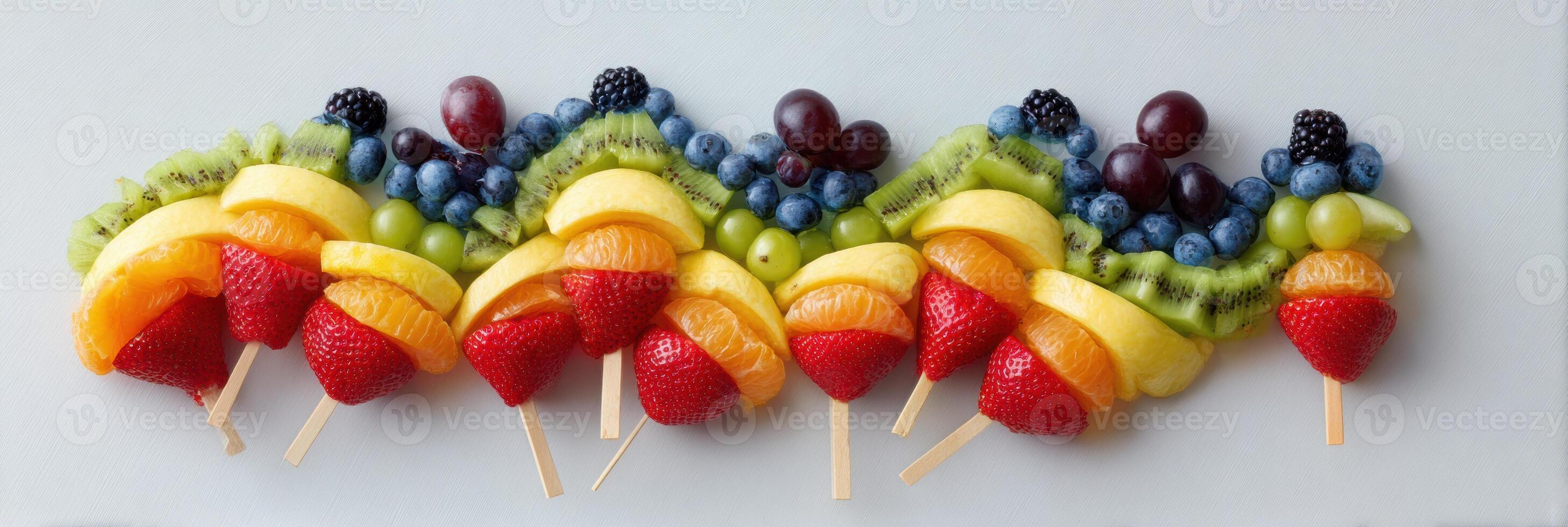 Rainbow Fruit Skewers Create a Colorful Wave Design for a Delightful Summer Snack photo