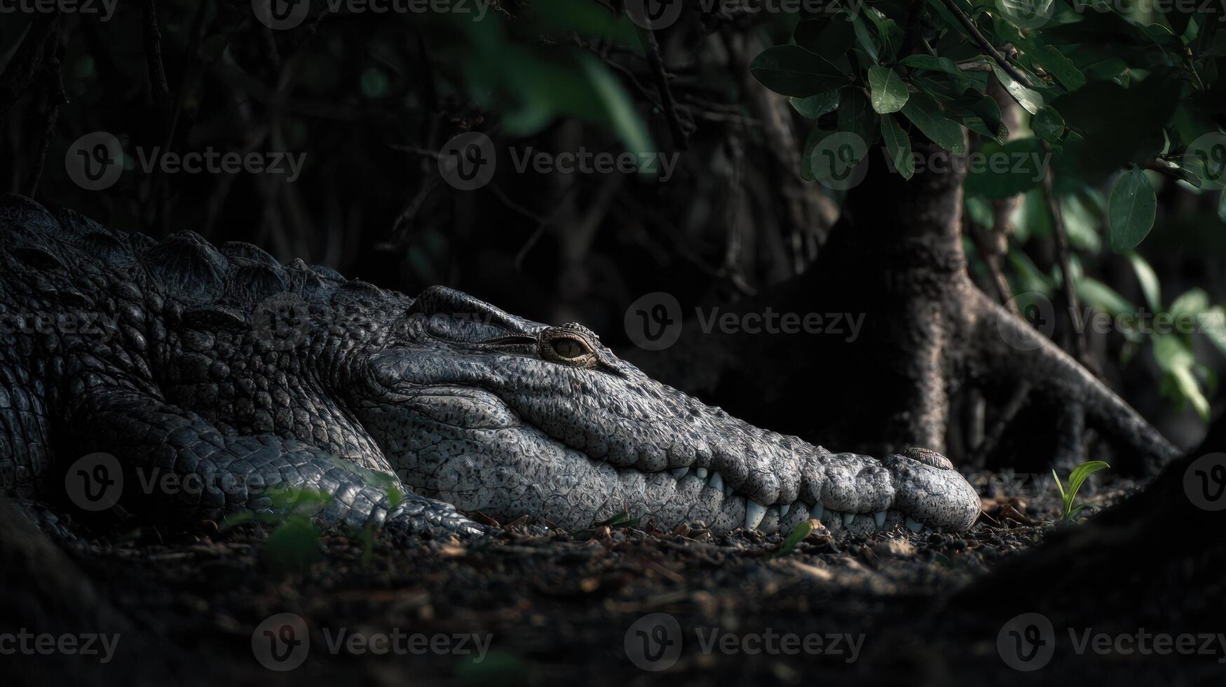 Salty Crocodile Rests in the Shadows of Mangroves Under Ambient Dark Light With a Serene Atmosphere photo