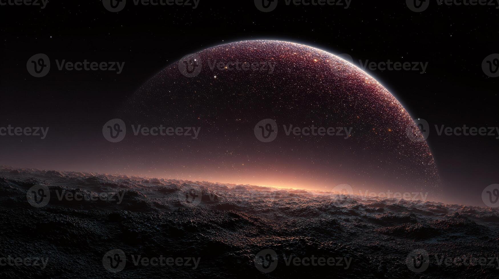 Giant Berry Shaped Planet Glows in the Cosmic Expanse With Stars Scattered in the Dark Space Above a Textured Surface photo