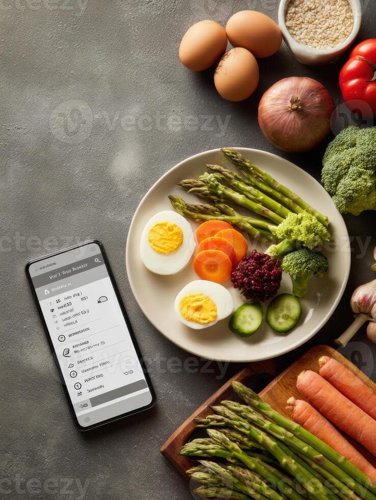 Balanced Diet Setup With Nutrition Facts Highlighted, Featuring Fresh Vegetables and Eggs on a Plate Next to a Smartphone Displaying Meal Information photo