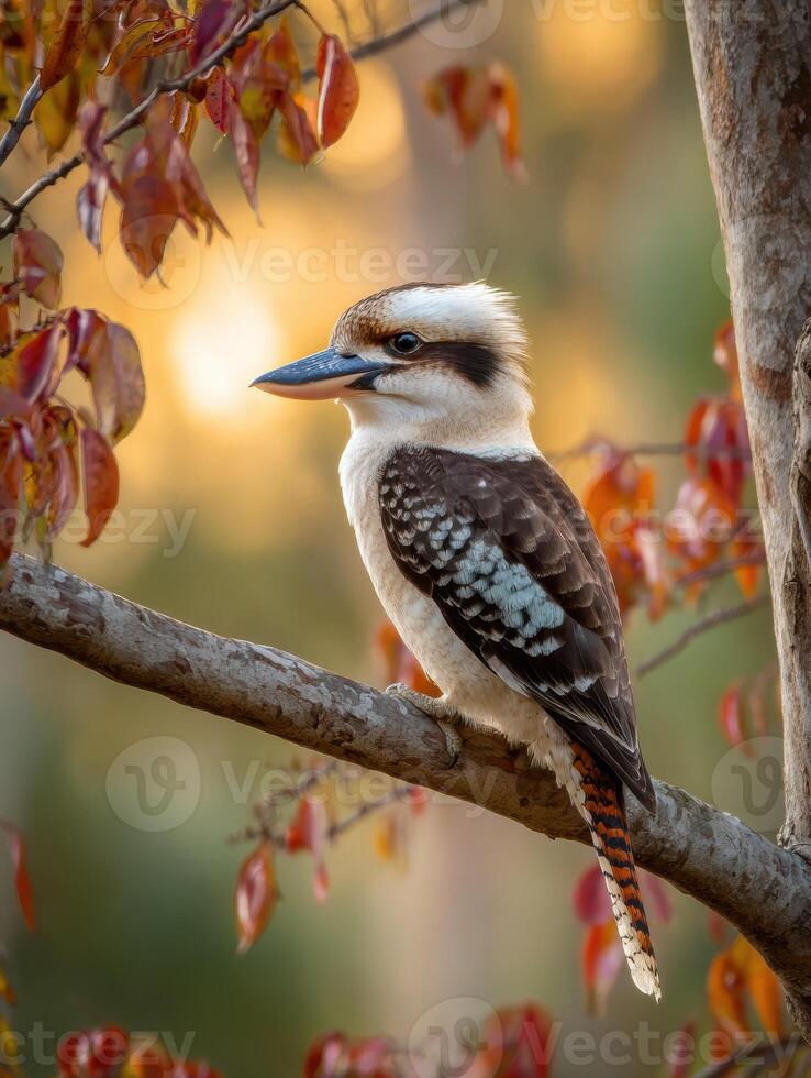 Kookaburra Perched on a Branch Among Colorful Leaves With Soft Distant Trees in the Background During Golden Hour photo