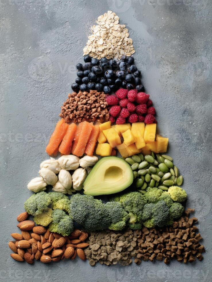 Healthy Food Pyramid for Pets Featuring Natural Ingredients in a Structured Arrangement With a Focus on Balanced Nutrition photo