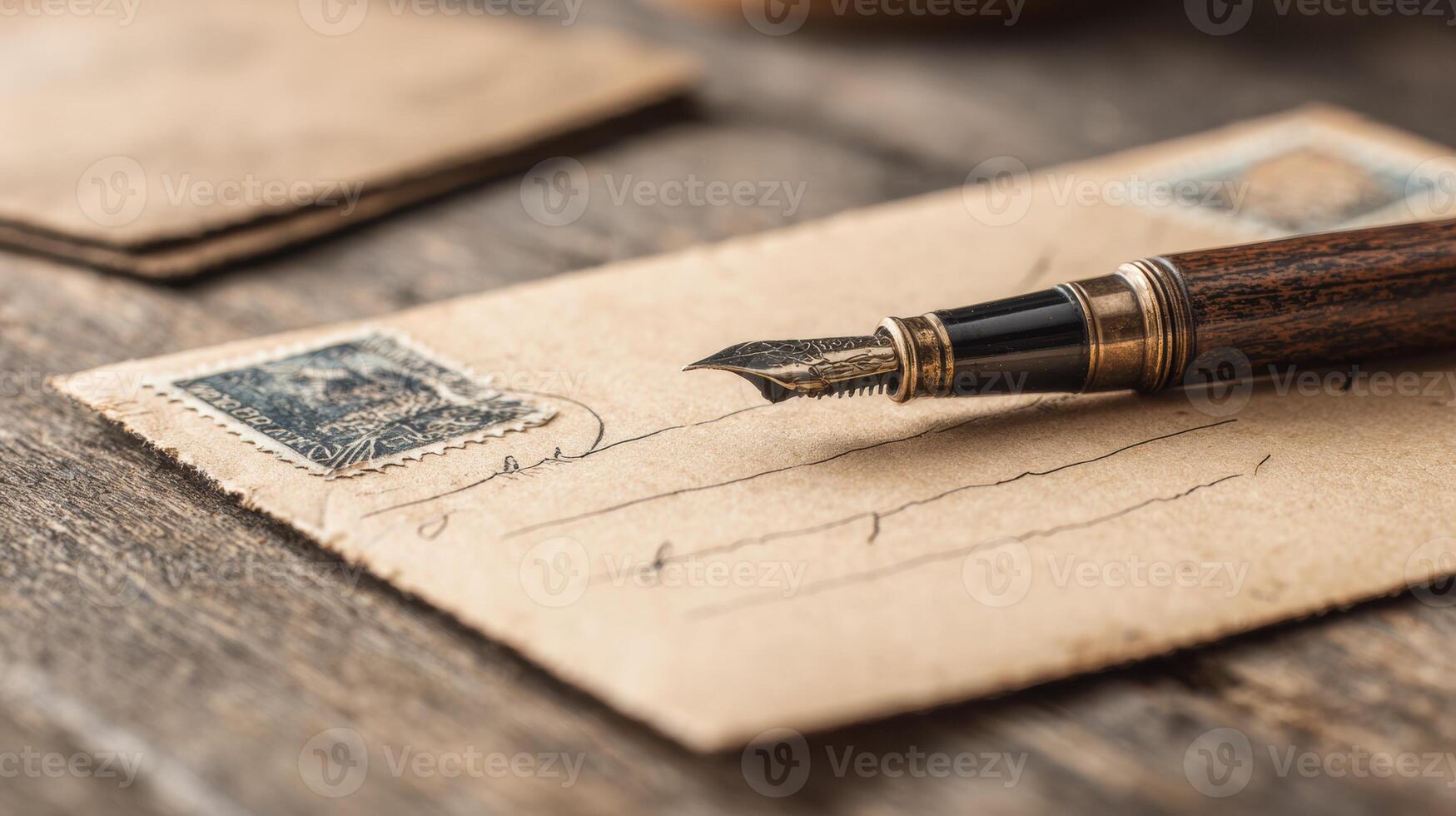 Elegant Pen Poised Over Vintage Postcard Inviting Heartfelt Messages in a Warm Setting photo