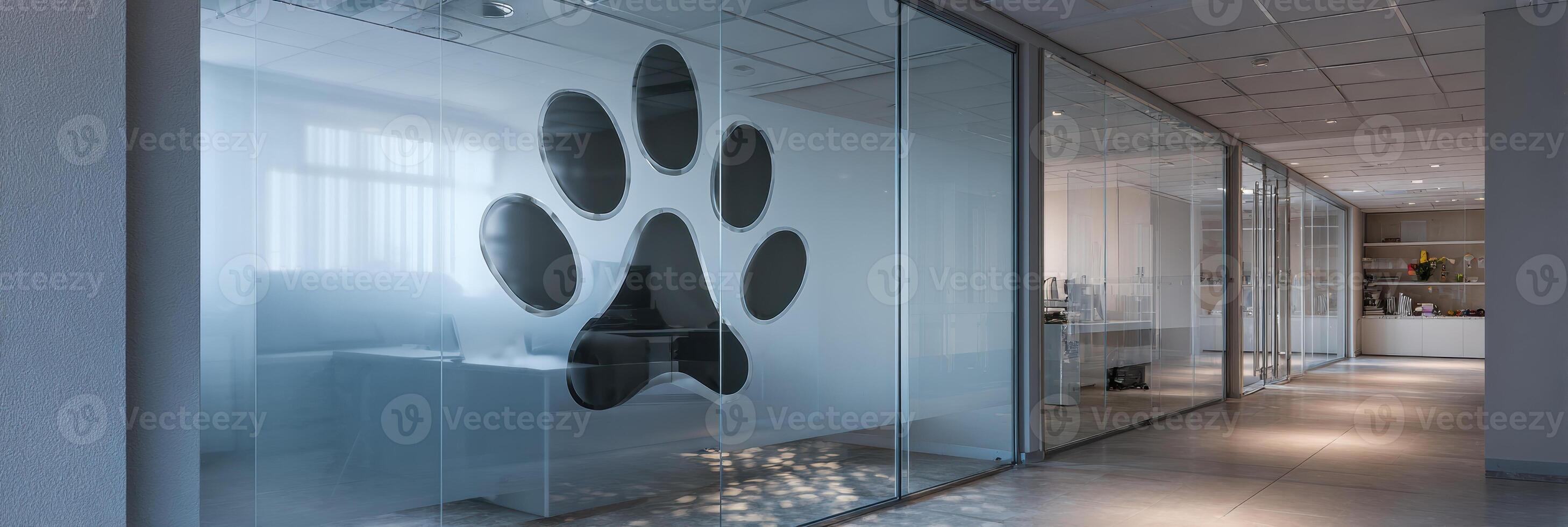 Dog Paw Print on Glass Wall of a Clinic Creating a Welcoming Atmosphere in the Interior Setting During Daylight photo