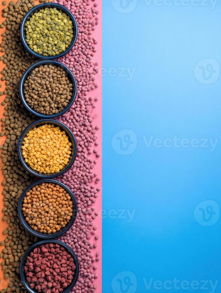 Pet Food Product Comparison Highlighting Vibrant Kibble Varieties With Space for Branding or Information on the Right Side photo