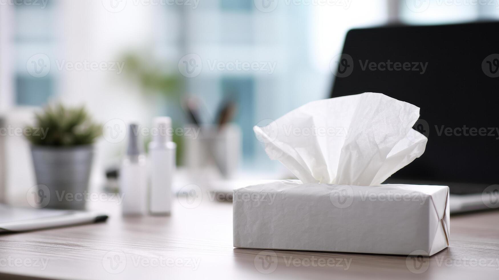 Tissue Packet and Nasal Spray on Office Desk During Remote Work Setup in a Minimal Environment photo