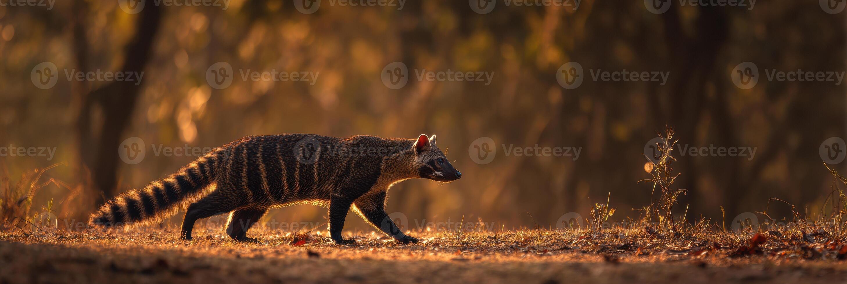African Civet Walks Through Golden Light in a Serene Forest Setting During Sunset Hours photo