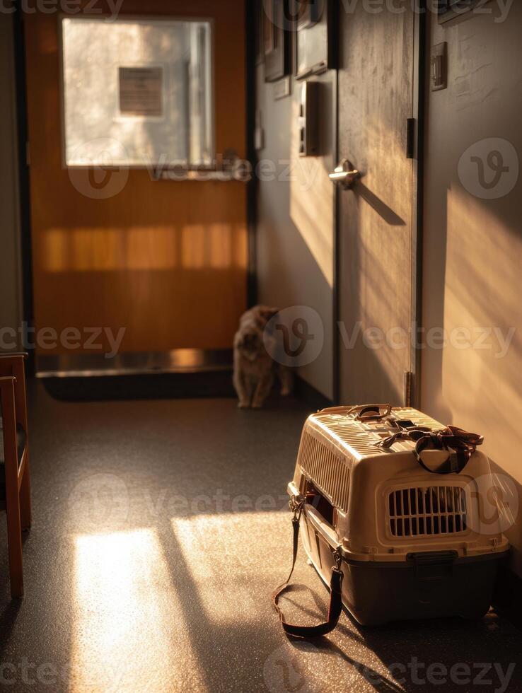 Pet Carrier and Leash Beside Clinic Door in Sunlit Corridor During a Quiet Afternoon photo