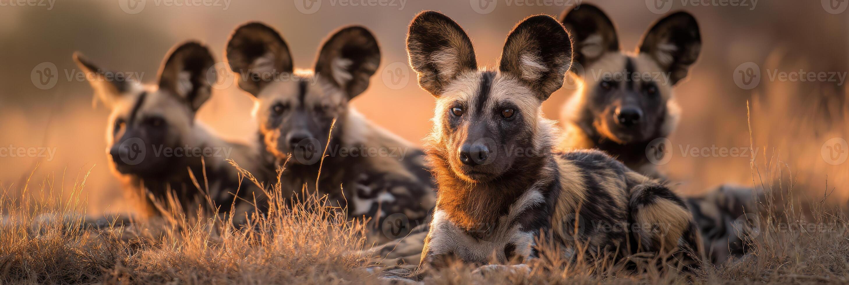 Warm Afternoon Light Envelops African Wild Dog Pack Resting in Tall Grass During Peaceful Moment photo