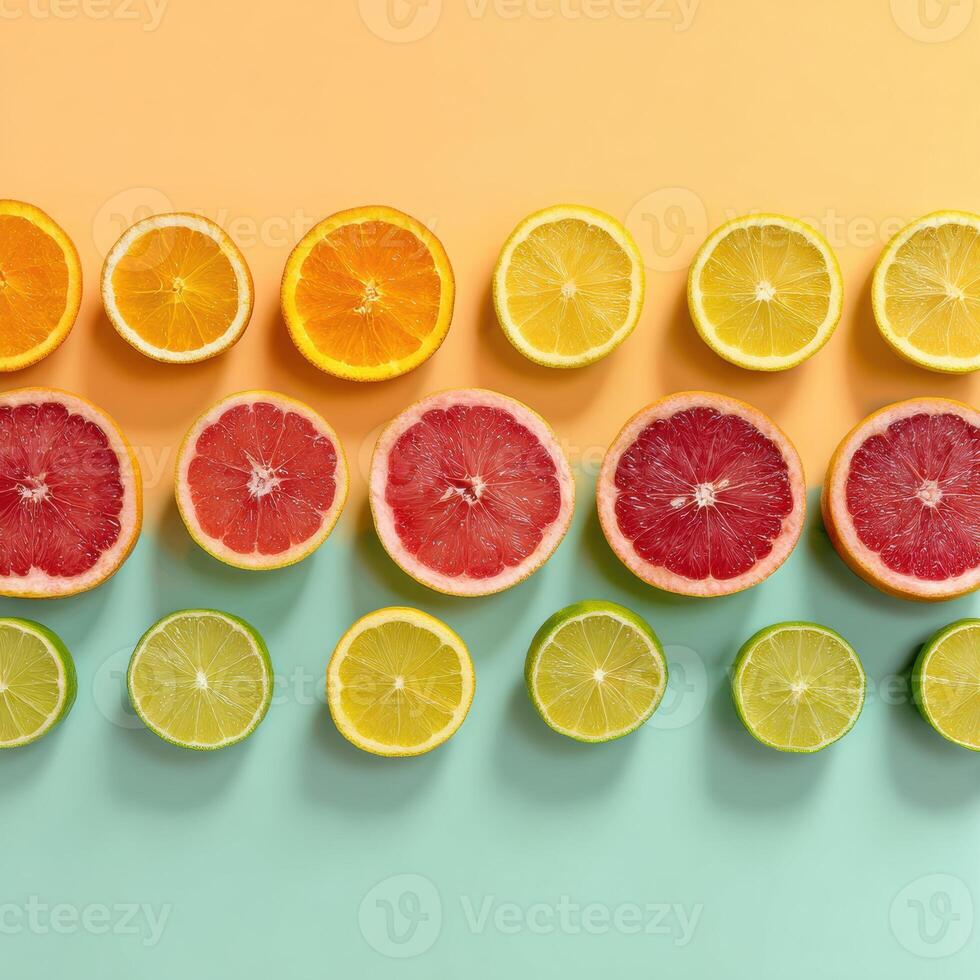 Vibrant Citrus Fruits Arranged in a Geometric Pattern Against a Soft Pastel Background in a Creative Display of Colors and Shapes photo