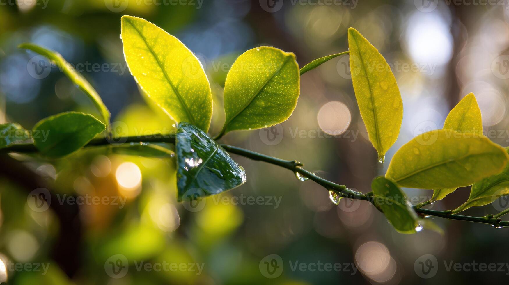 Close-up of Lemon Tree Branch With Dew Drops and Bokeh in the Background During Golden Hour photo