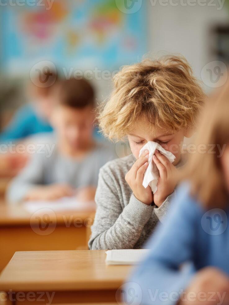 Children in Classroom With One Student Sneezing While Others Focus on Their Tasks in a Lively Educational Setting photo