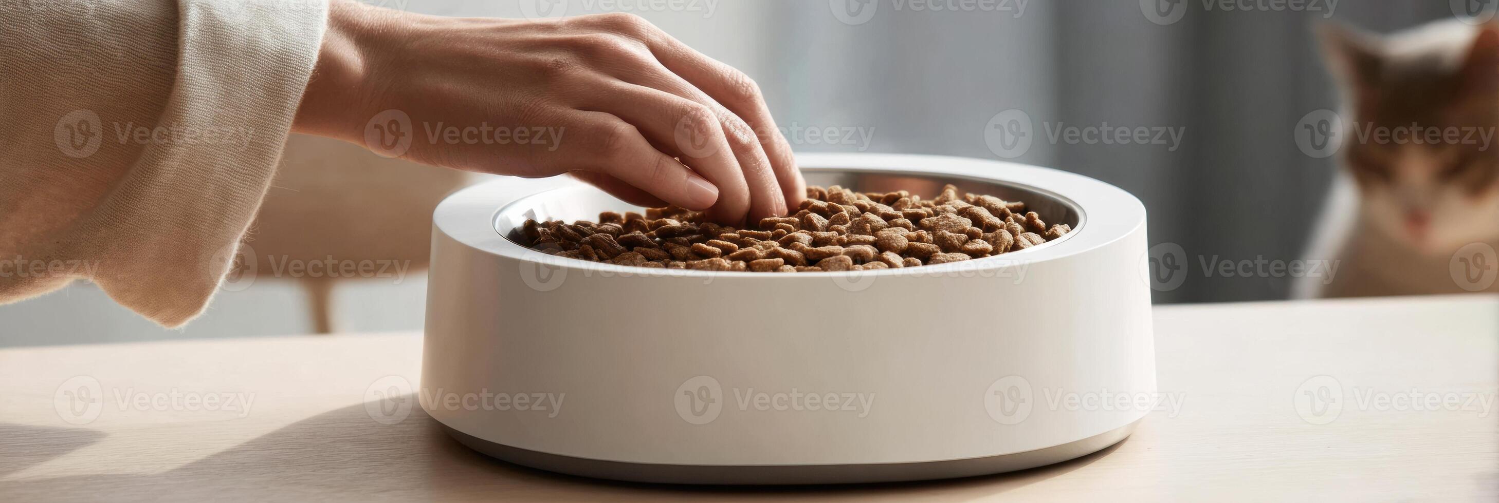 Pet Owner Pours Dry Food Into Modern Bowl While Cat Observes the Feeding Process in a Well-Lit Home Setting photo