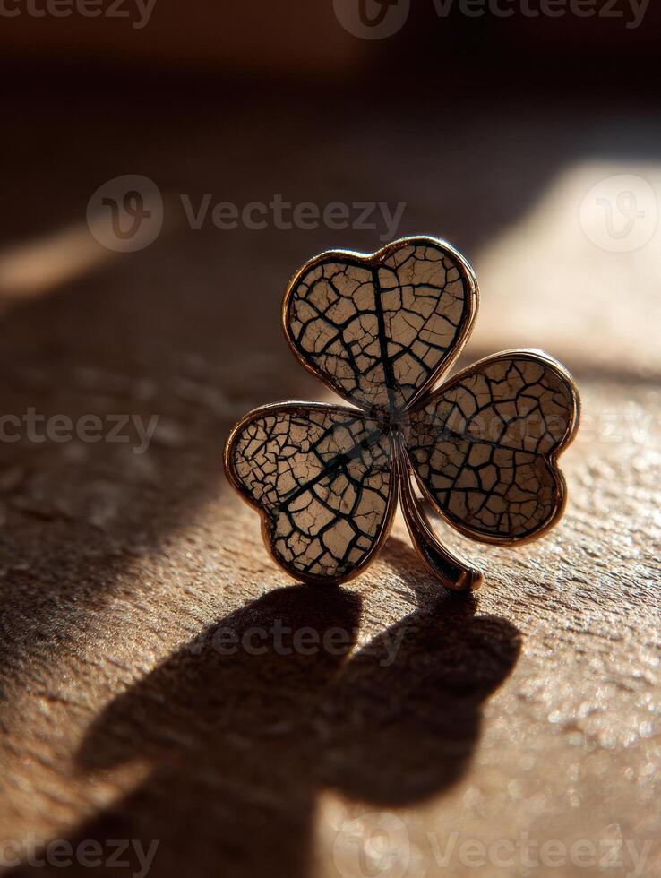 Cracked Lucky Charm Rests on Wooden Table Illuminated by Dramatic Light photo