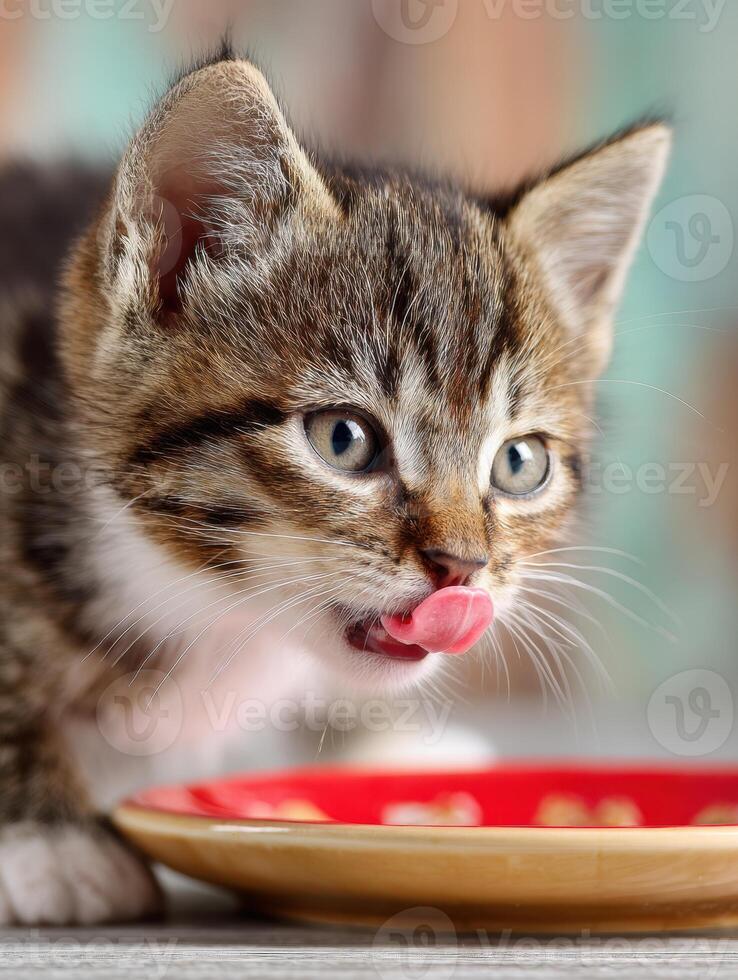 Cute Kitten Enjoying Gravy Food From a Bowl With Blurred Background Suitable for Text Overlay photo