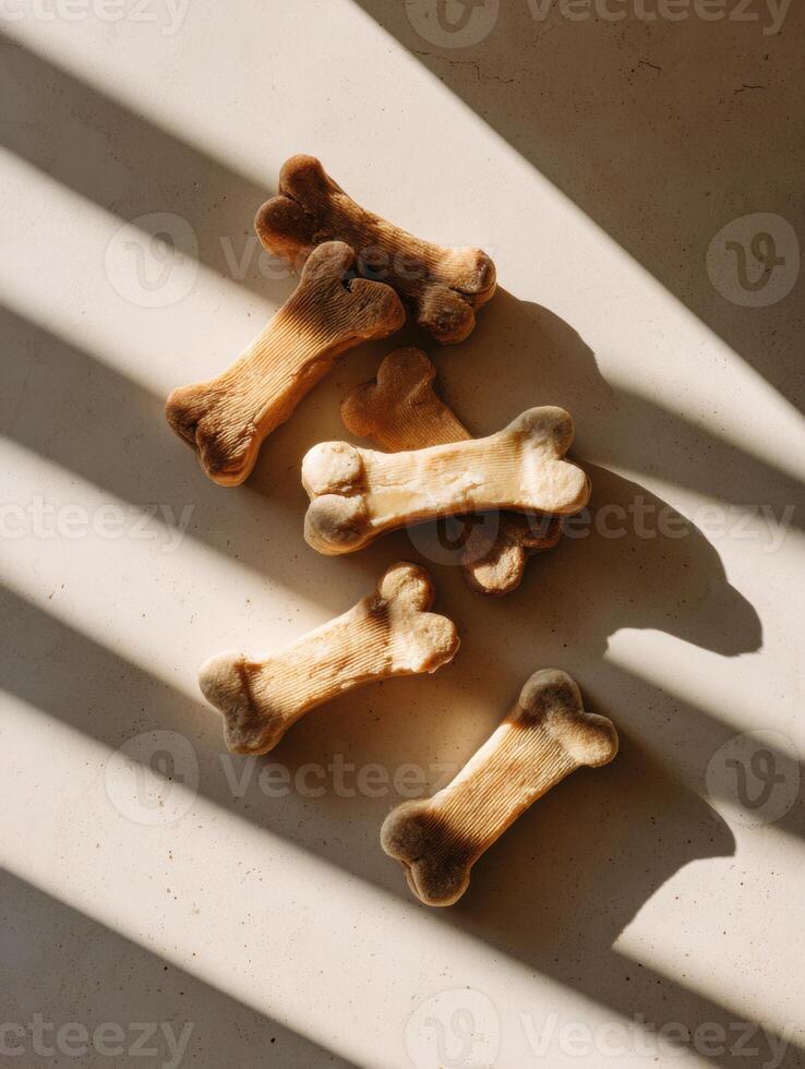 Natural Sunlight Illuminates Dog Bone Treats Casting a Diagonal Shadow on a Light Surface photo