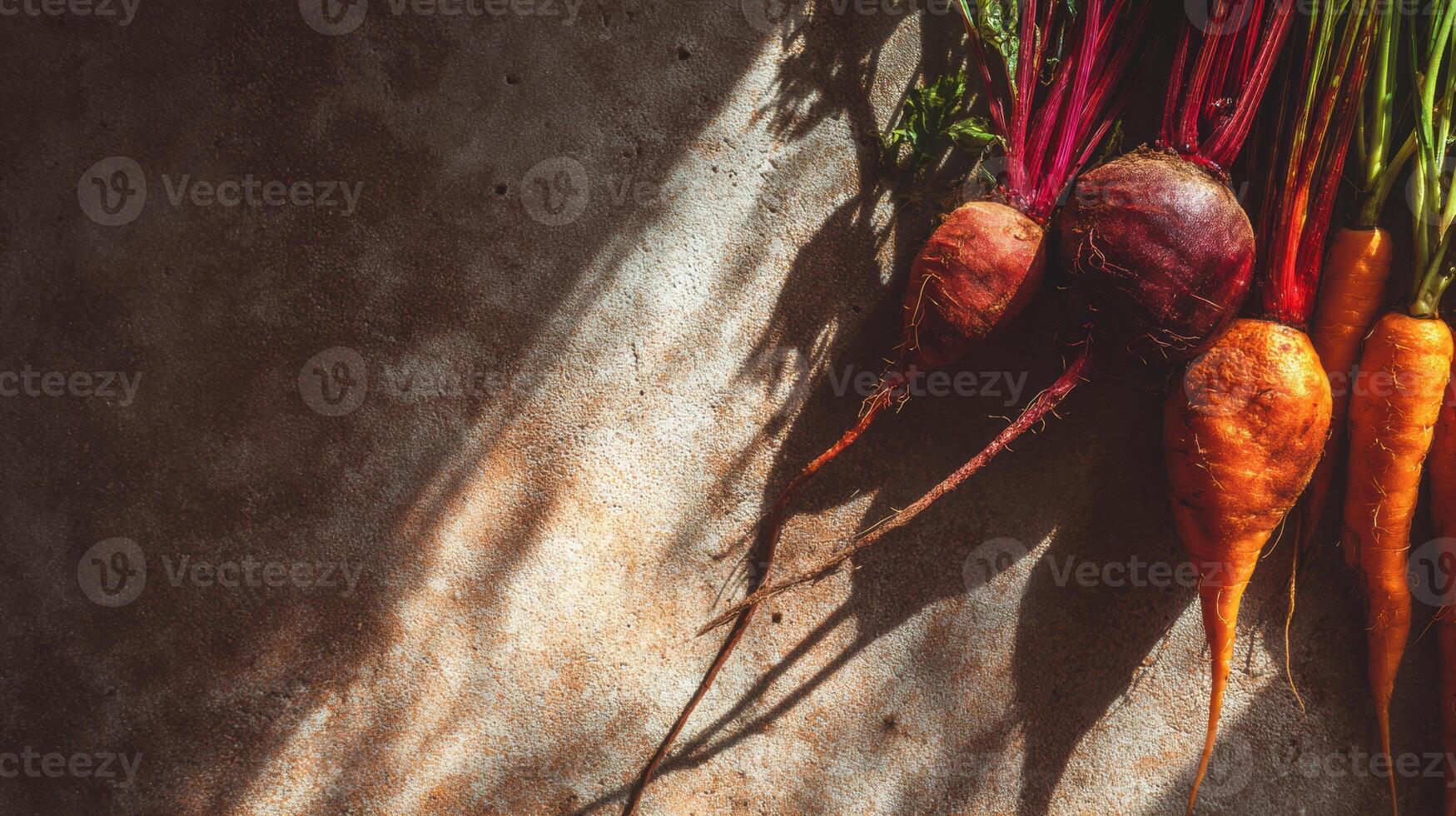 Freshly Harvested Beets and Carrots Arranged on Textured Surface With Gentle Shadows Creating a Natural Earthy Layout Suitable for Culinary Use photo