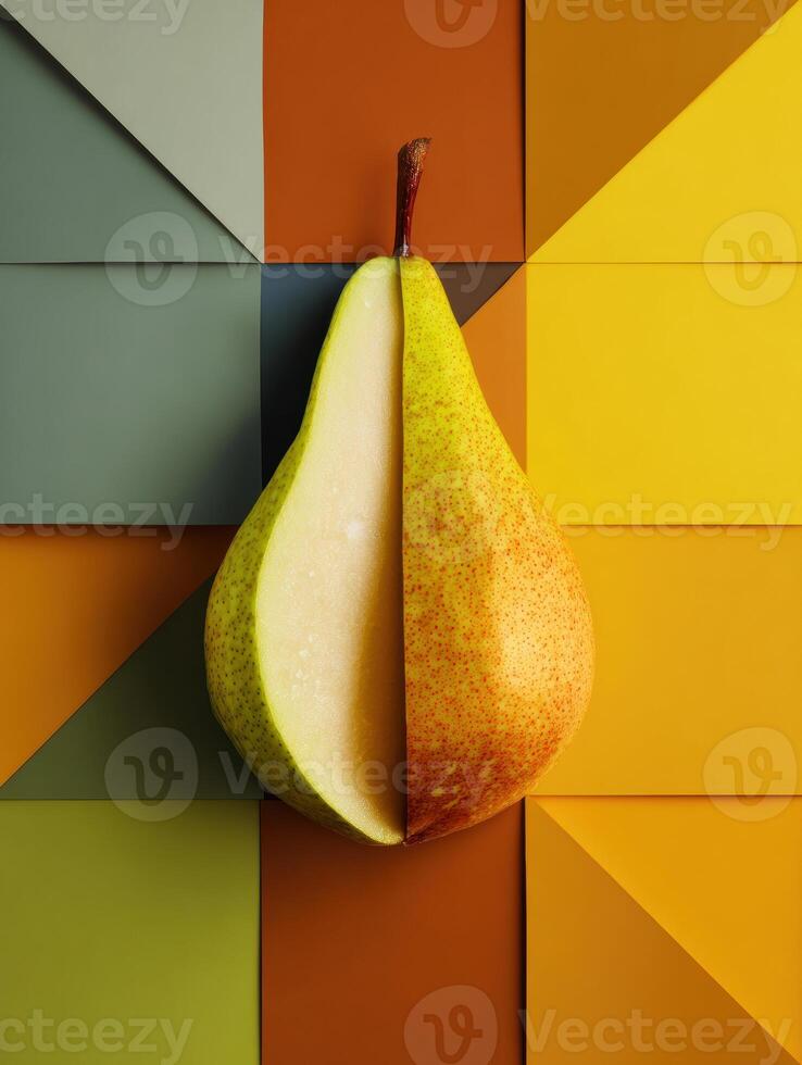Abstract Pear Slice Arranged in Geometric Tiles With Vibrant Colors Showcasing a Unique Design and Clean Background photo