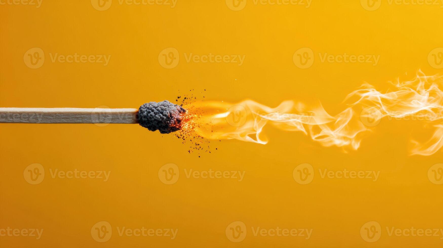 Burning Fuse in Motion Creates Smoke Against a Vibrant Yellow Backdrop Highlighting the Energy of Combustion and Transformation photo