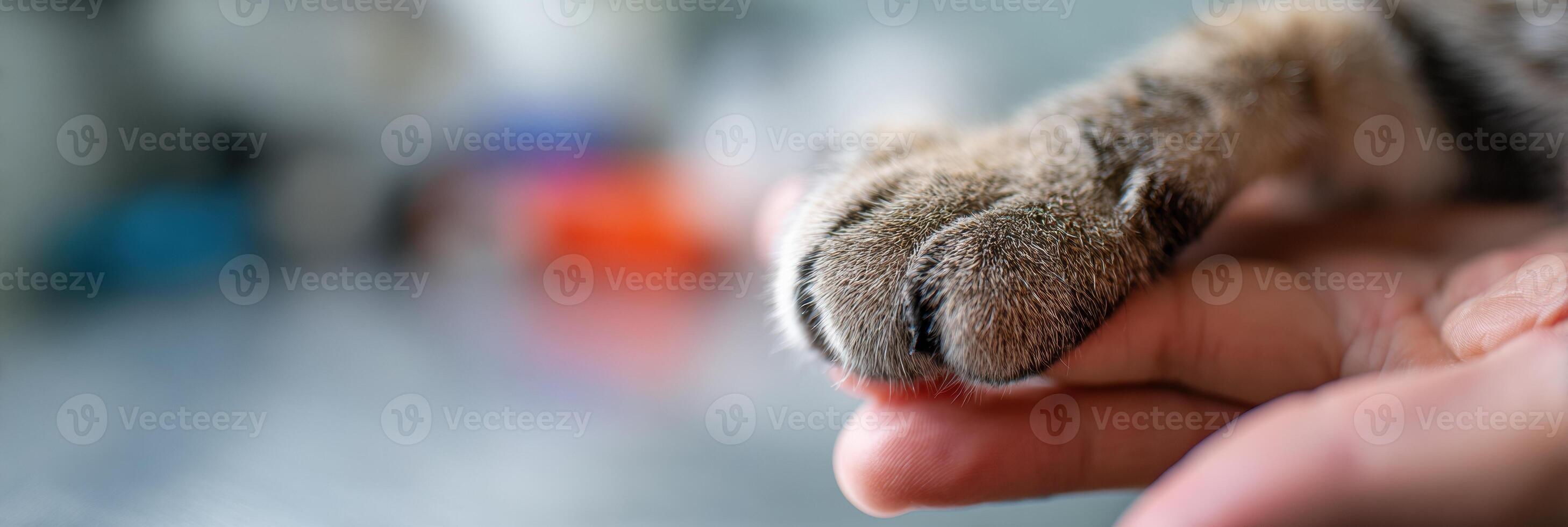 Close-up of Cat Paw Gently Resting in a Veterinarians Hand on a Medical Table During an Examination for Health Assessment photo