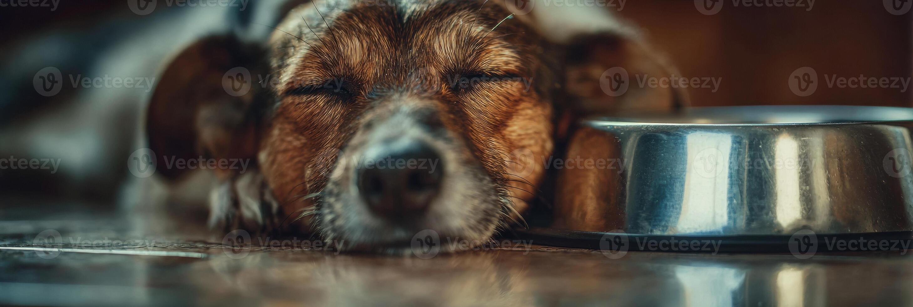 Reflection of a Dog Resting Beside a Stainless Bowl on a Blurred Floor in a Cozy Indoor Setting During the Day photo