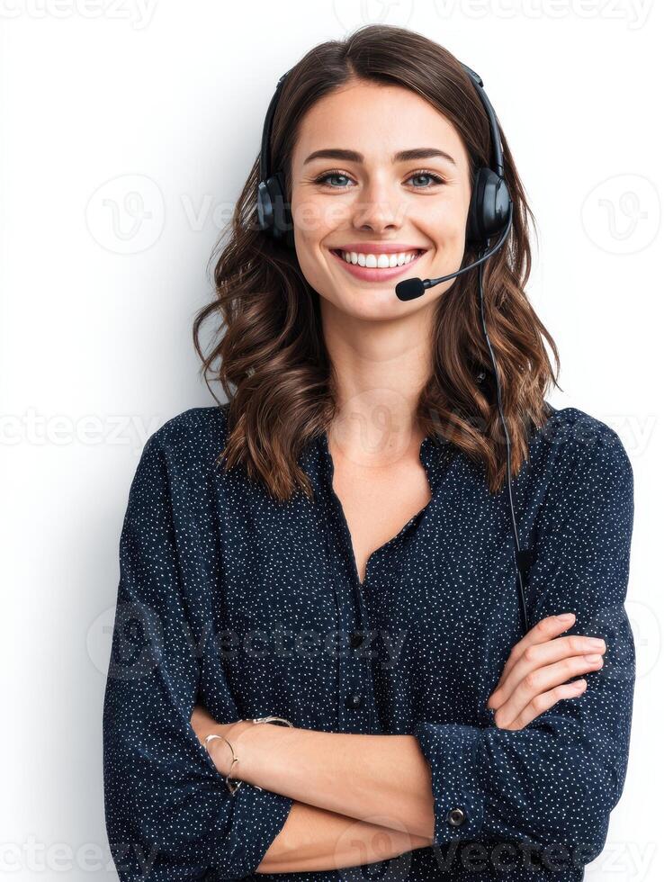 Customer Support Agent Wearing Headset, Smiling Confidently, With Positive Demeanor in Friendly Office Environment photo