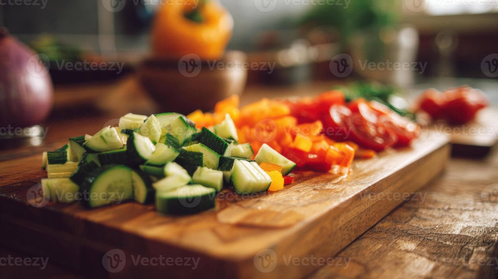 Freshly Chopped Vegetables on a Wooden Cutting Board in a Cozy Kitchen photo