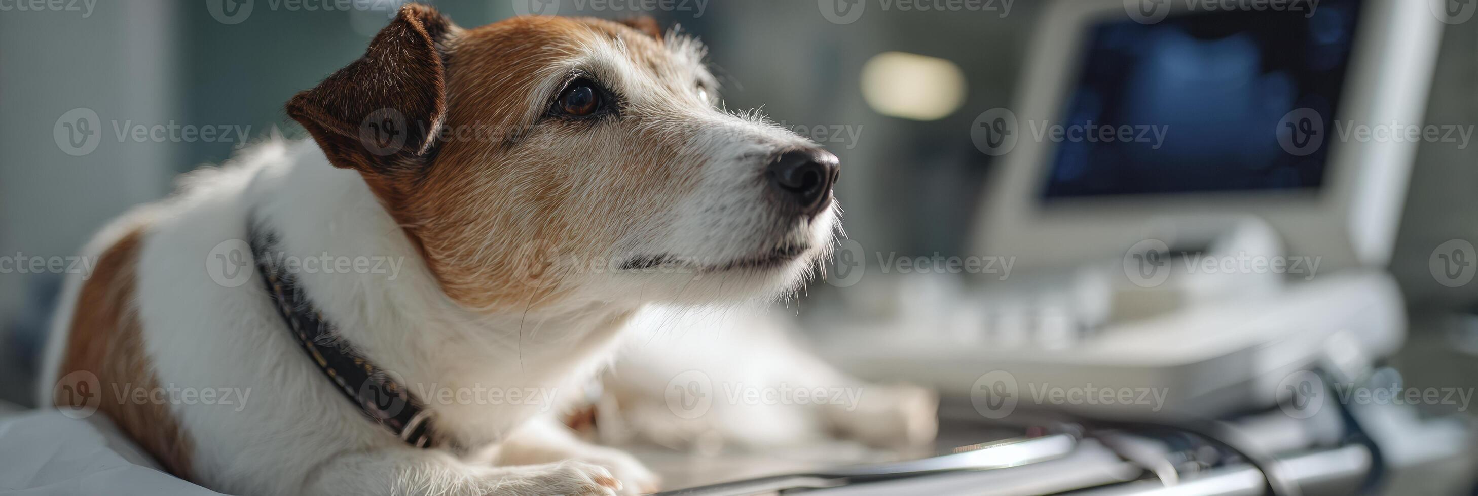 Dog Receives Ultrasound Examination in a Professional Veterinary Room With Monitoring Equipment and Lighting photo