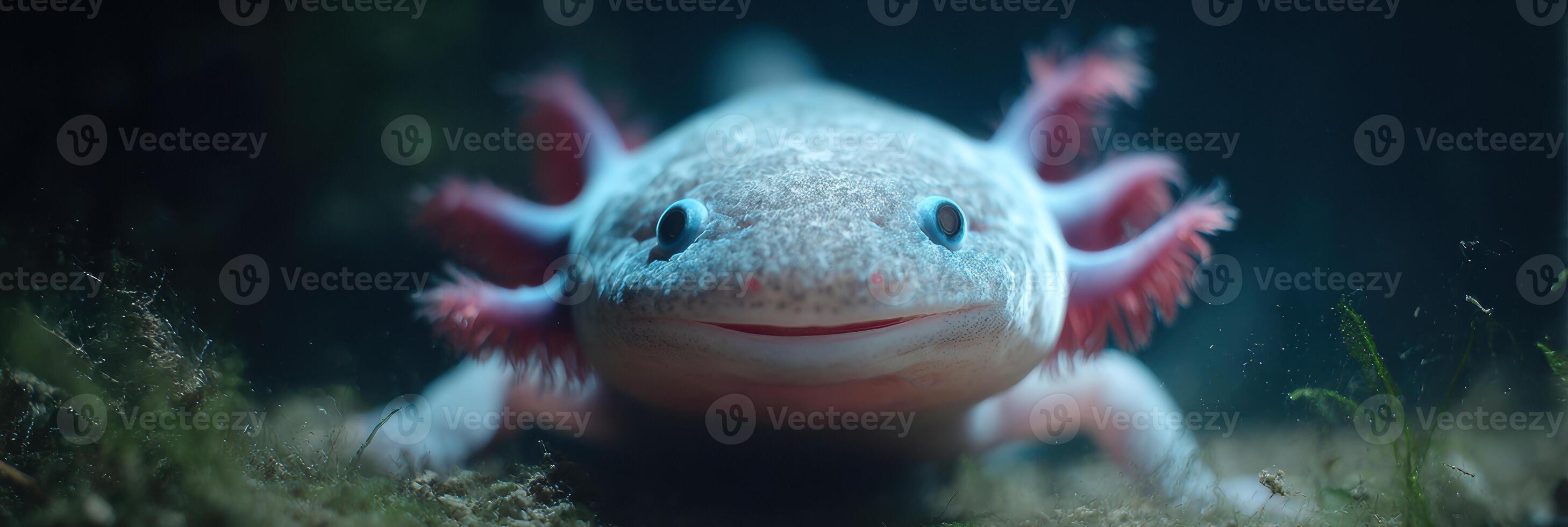 Smiling Axolotl Enjoying Its Clean Underwater Habitat in Bright Tank Lighting photo