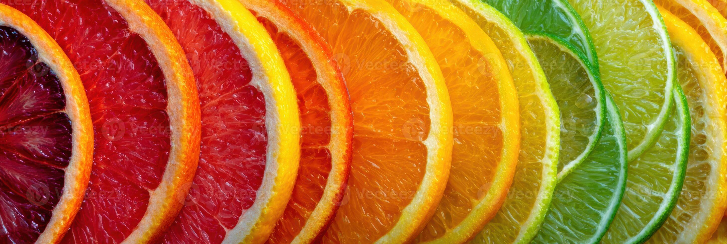Citrus Fruits Arranged in Concentric Circles Highlighting Their Vibrant Colors and Textures in a Clean Upper Third photo