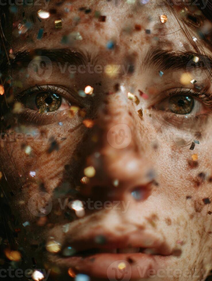 Confetti of Scattered Goals and Worries Dances Across a Face in an Artistic Display of Emotion and Reflection During a Quiet Moment photo