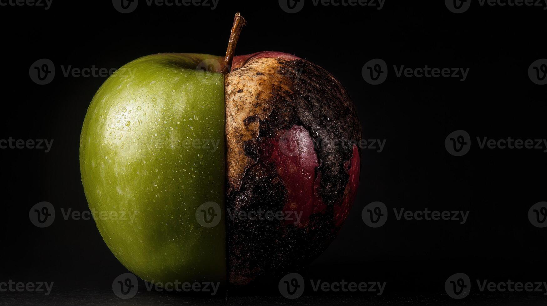 Contrast of Freshness and Decay Represented by a Green Apple Beside a Rotten Red Apple on a Dark Background photo