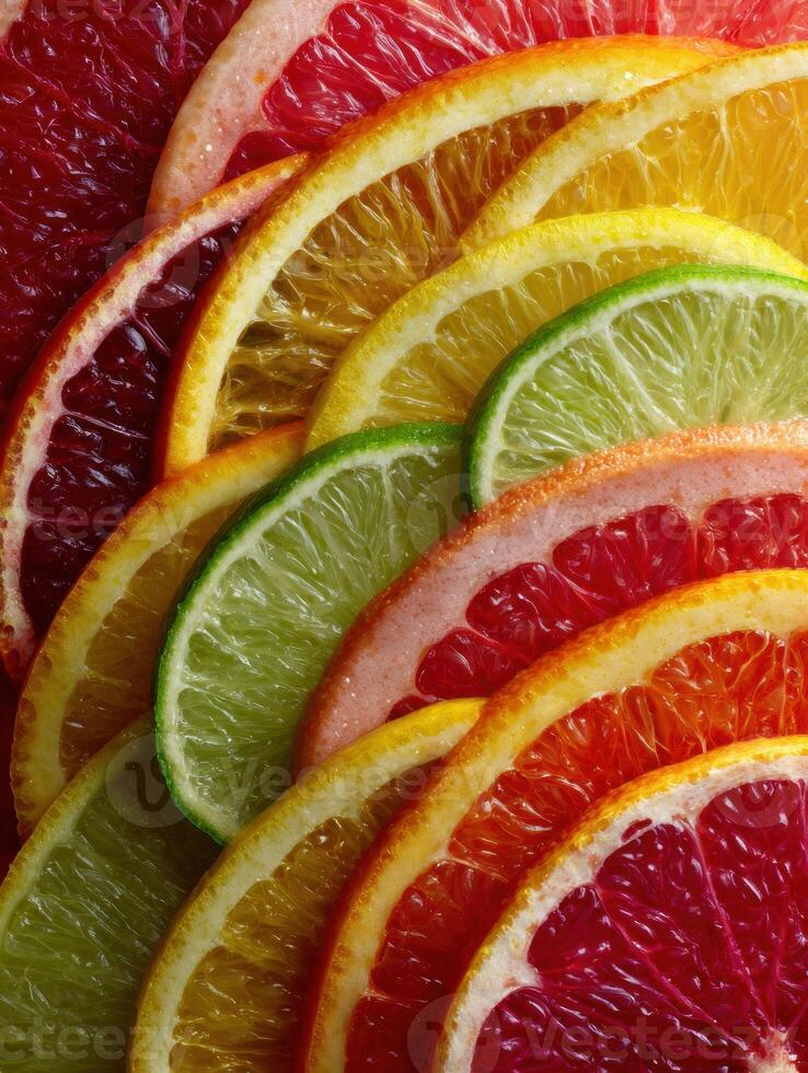 Citrus Fruits Arranged in Circular Patterns Revealing Vibrant Colors and Textures in Concentric Circles photo