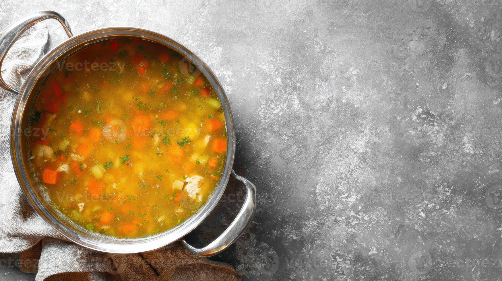 Pot of Chicken Soup Simmering on Kitchen Counter, Inviting Aromas Fill the Air in a Cozy Home Setting photo