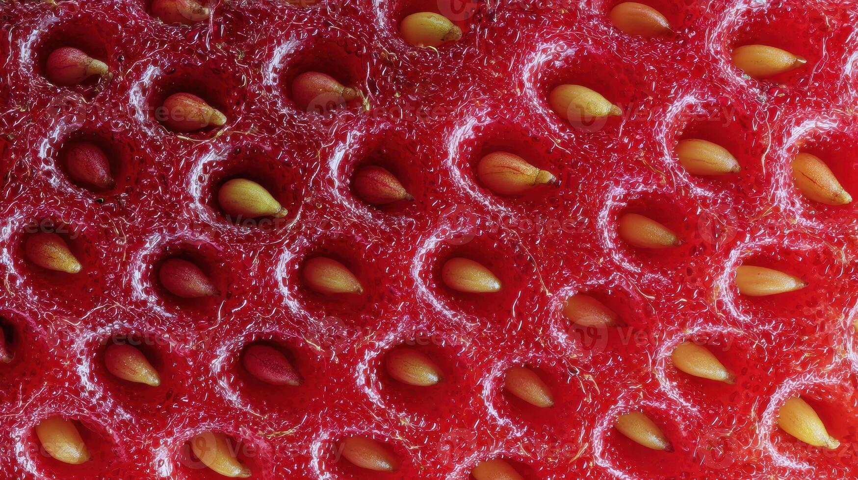 Close-up View of Strawberry Seed Pattern Showcasing Intricate Textures and Clean Background Highlighting the Vivid Details of a Fruit photo