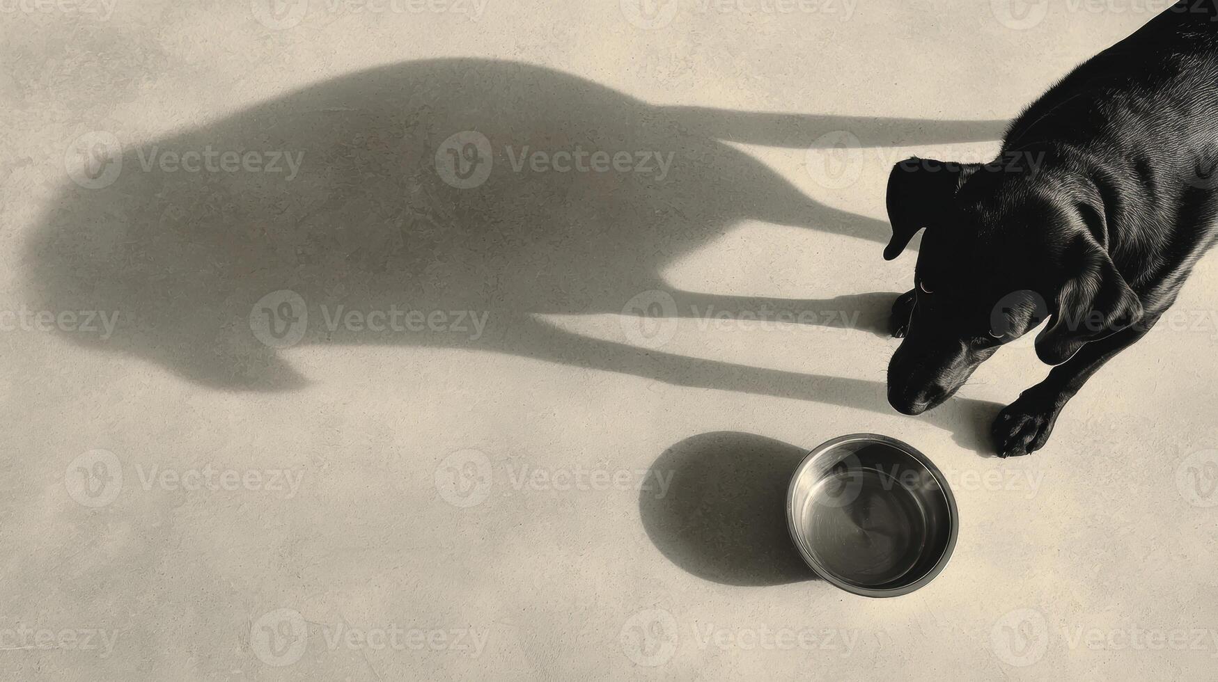 Black Labrador Stands Beside an Empty Bowl With a Shadow Shaped Like Food on a Minimal Surface in Soft Lighting photo