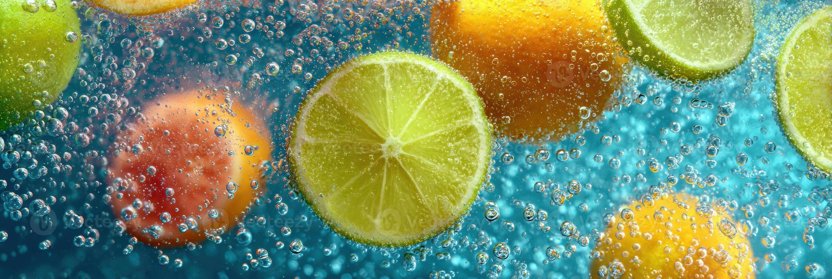 Citrus Mix Floats in Fizzy Soda Bubbles Creating a Refreshing Pop Design in a Vibrant Blue Background photo