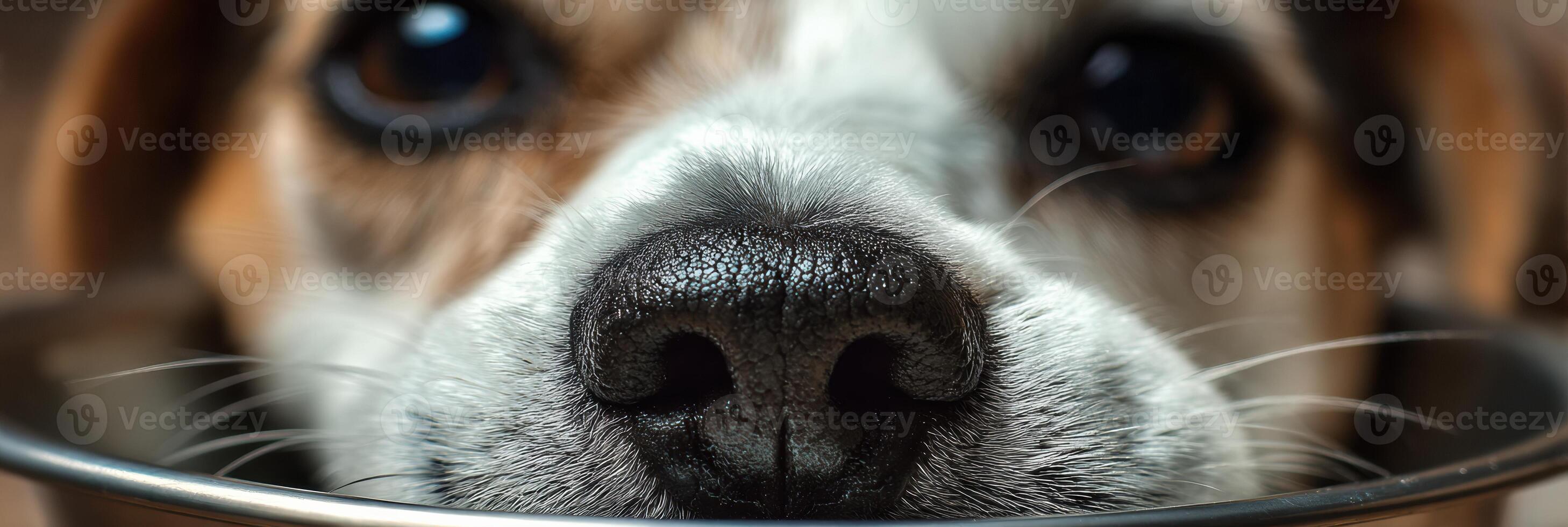 Dog Snout Eagerly Reaching Food Bowl With Soft Background and Depth of Field photo