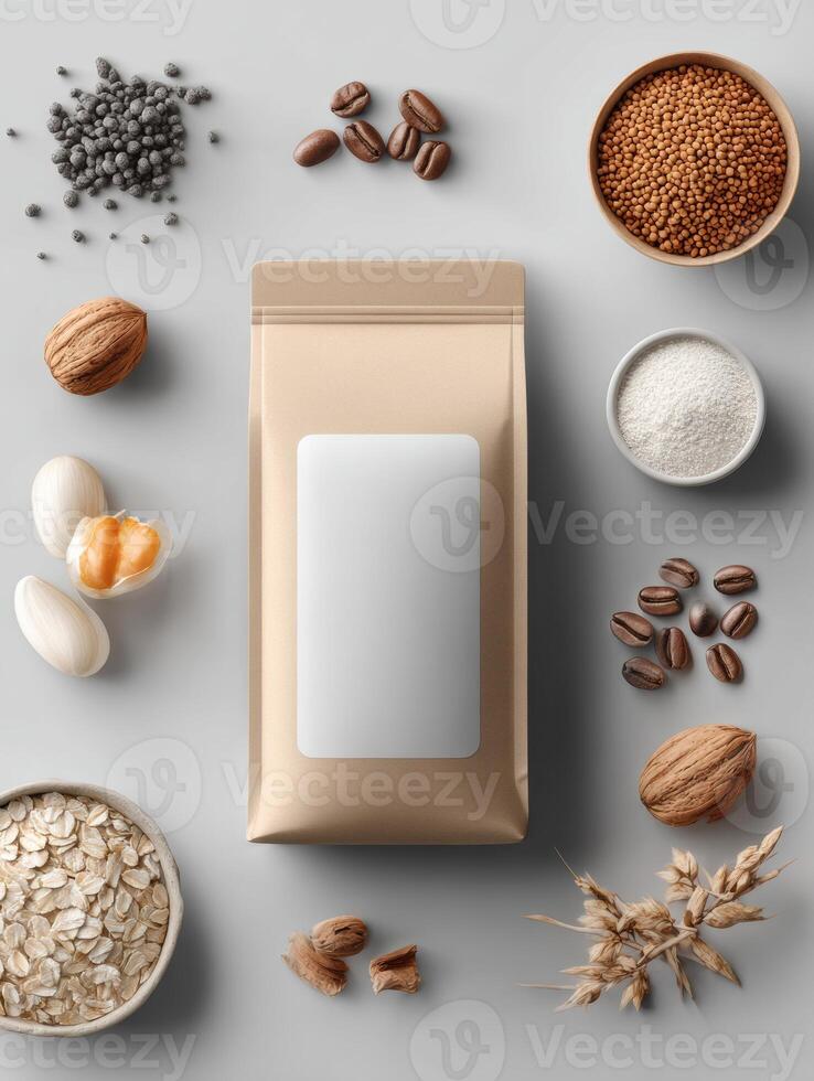 Modern Mockup of a Pet Food Label Surrounded by Various Wholesome Ingredients on a Simple Background photo