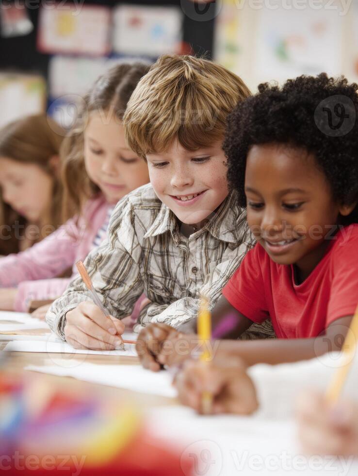 Diverse Students Engage in Writing Thank-You Notes to Their Teacher During Class Activity photo