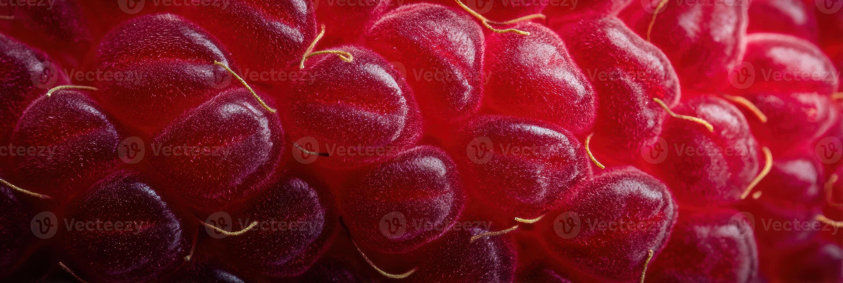 Close-up View of Vibrant Raspberry Macro Structure Showcasing Intricate Details and Textures on the Right Side photo