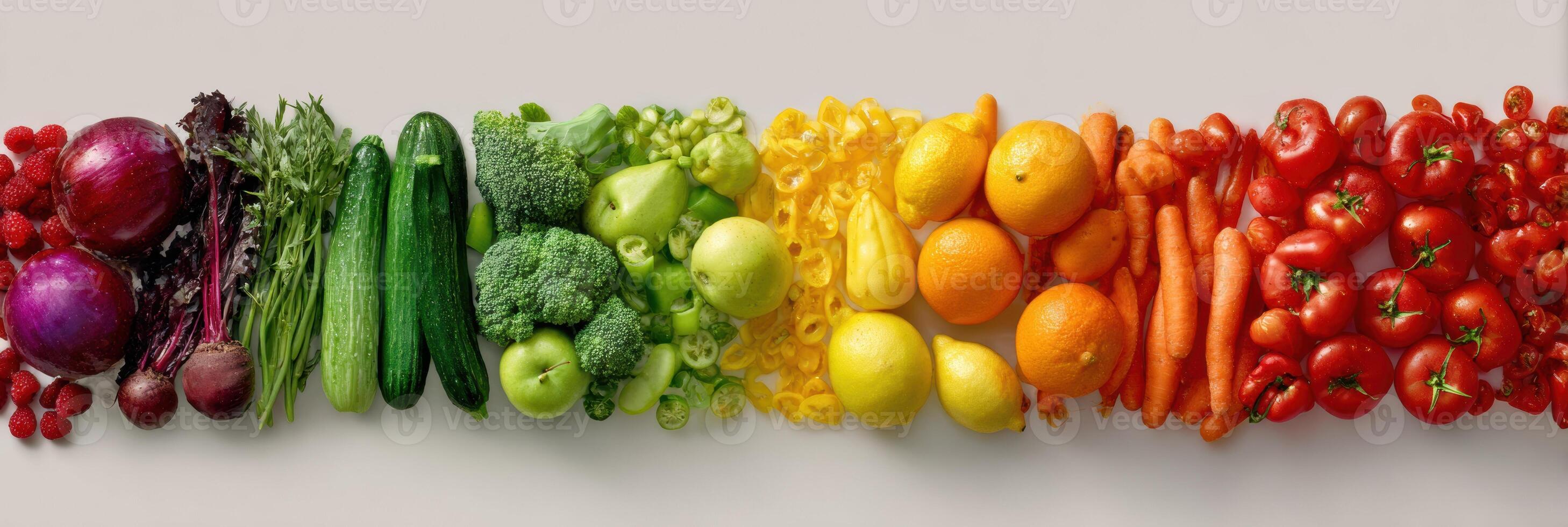 Colorful Display of Fresh Fruits and Vegetables Arranged in a Rainbow Gradient From Red to Green, Highlighting the Variety of Produce Available photo