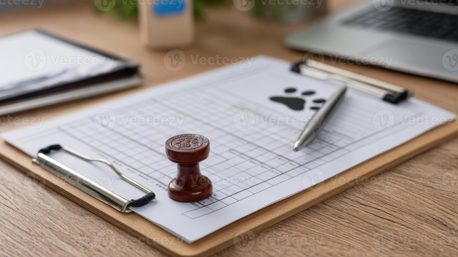 Vet Chart and Clipboard With Paw Print Stamp on Countertop Organized for Animal Care Documentation photo