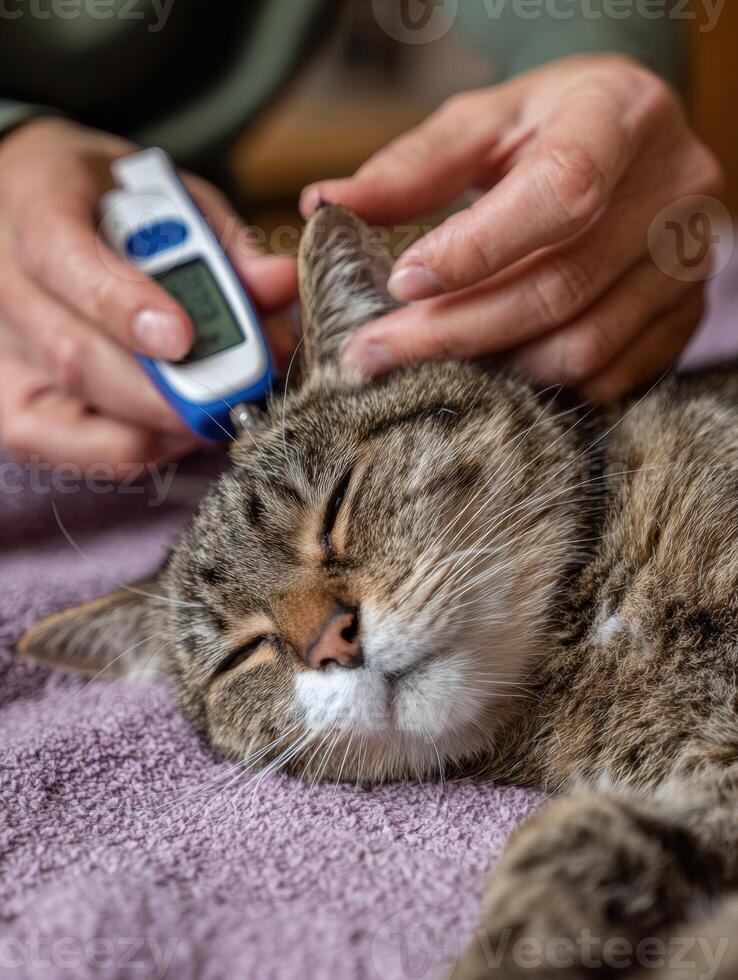 Vet Measures Temperature of Relaxed Cat Using Digital Thermometer in Calm Examination Room photo