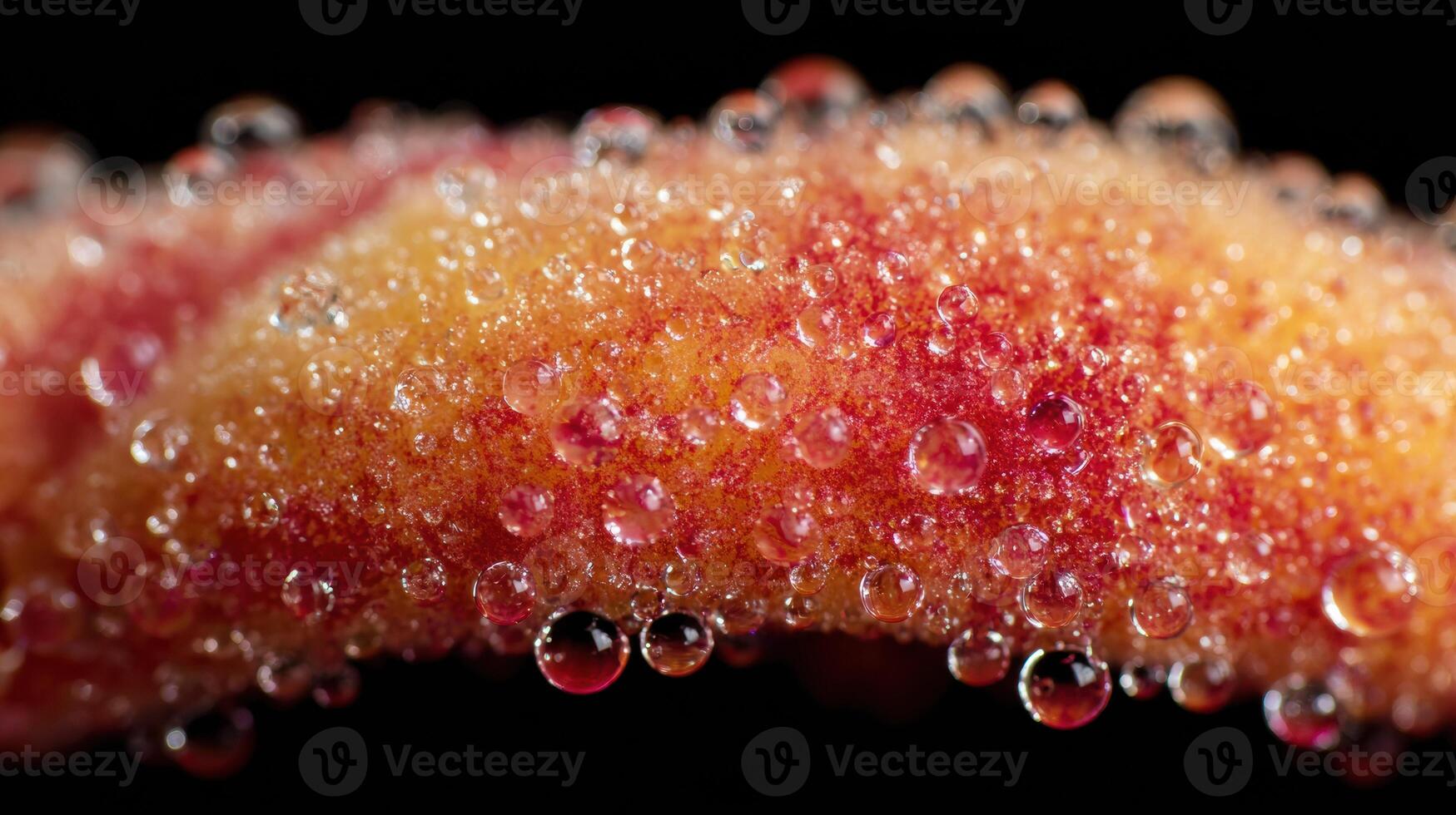 Close-up View of Peach Fuzz Adorned With Glistening Water Droplets Against a Black Background Highlighting Vibrant Colors and Textures photo