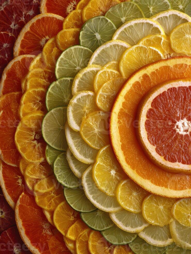 Cross-section of Various Citrus Fruits Arranged in Concentric Circles Highlighting Vibrant Colors and Textures in a Clean Upper Third photo