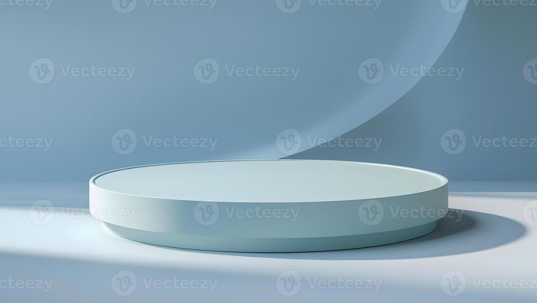 Minimalist pale blue cylinder podium with soft shadows and curved background for product display photo