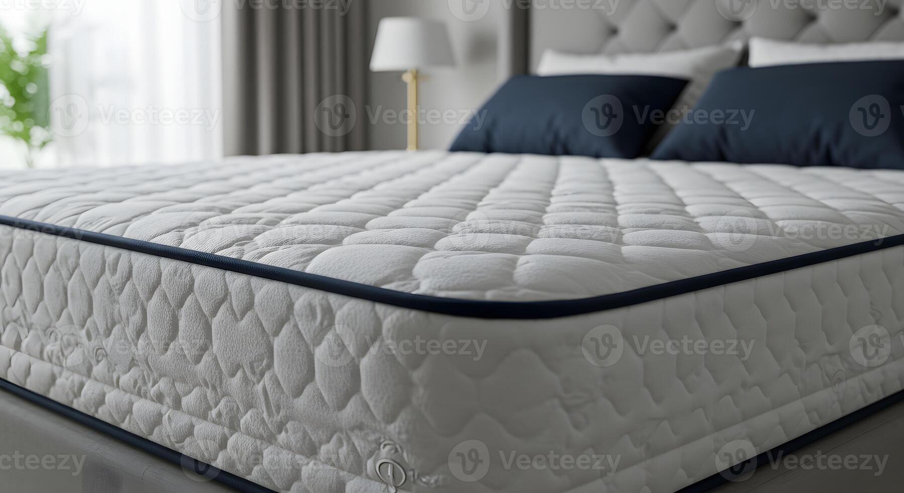 Close up of a plush white mattress with a dark blue trim and tufted headboard in the background photo