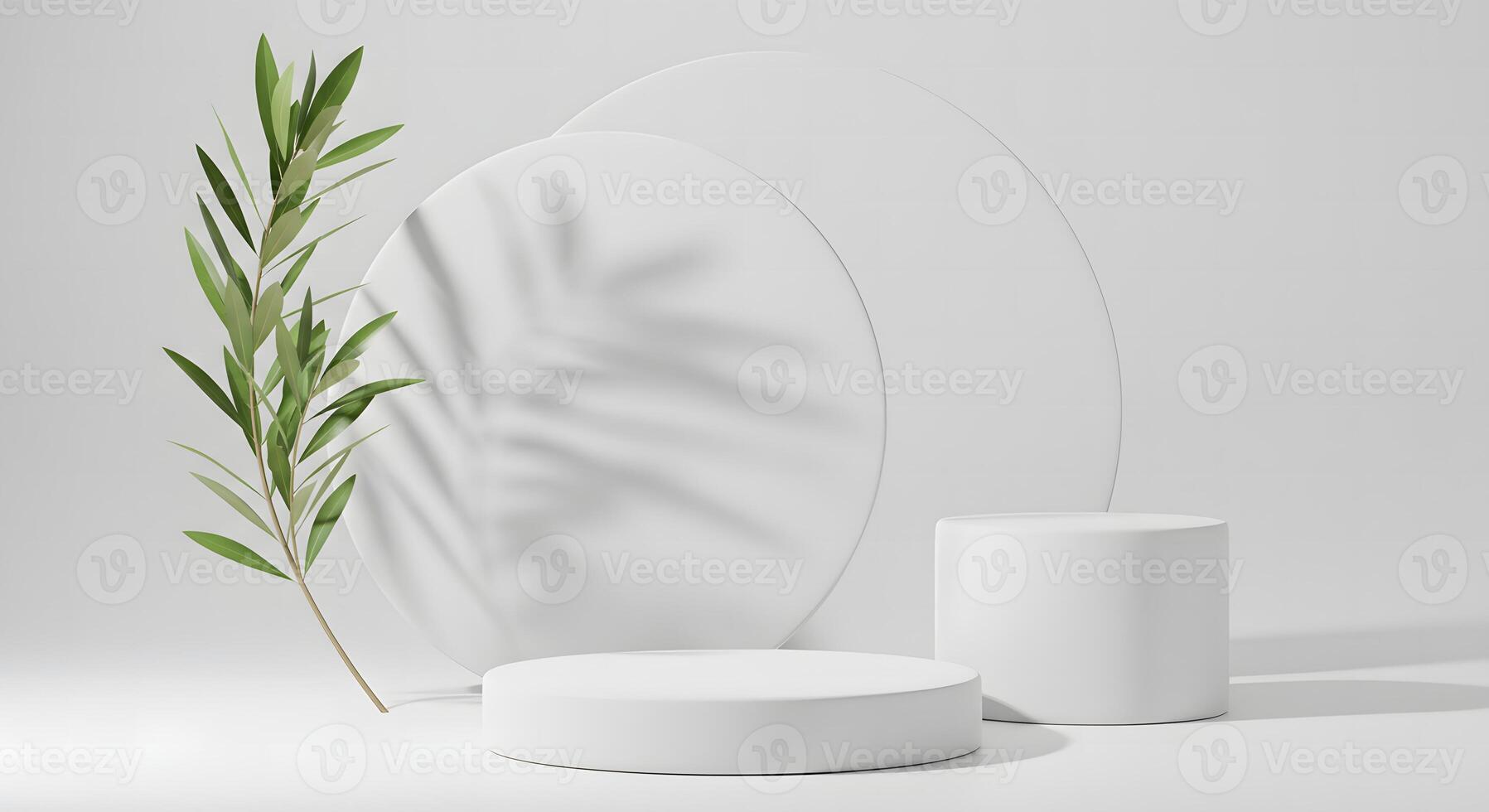 Minimalist white podiums with green branch and leaf shadows on a clean background photo