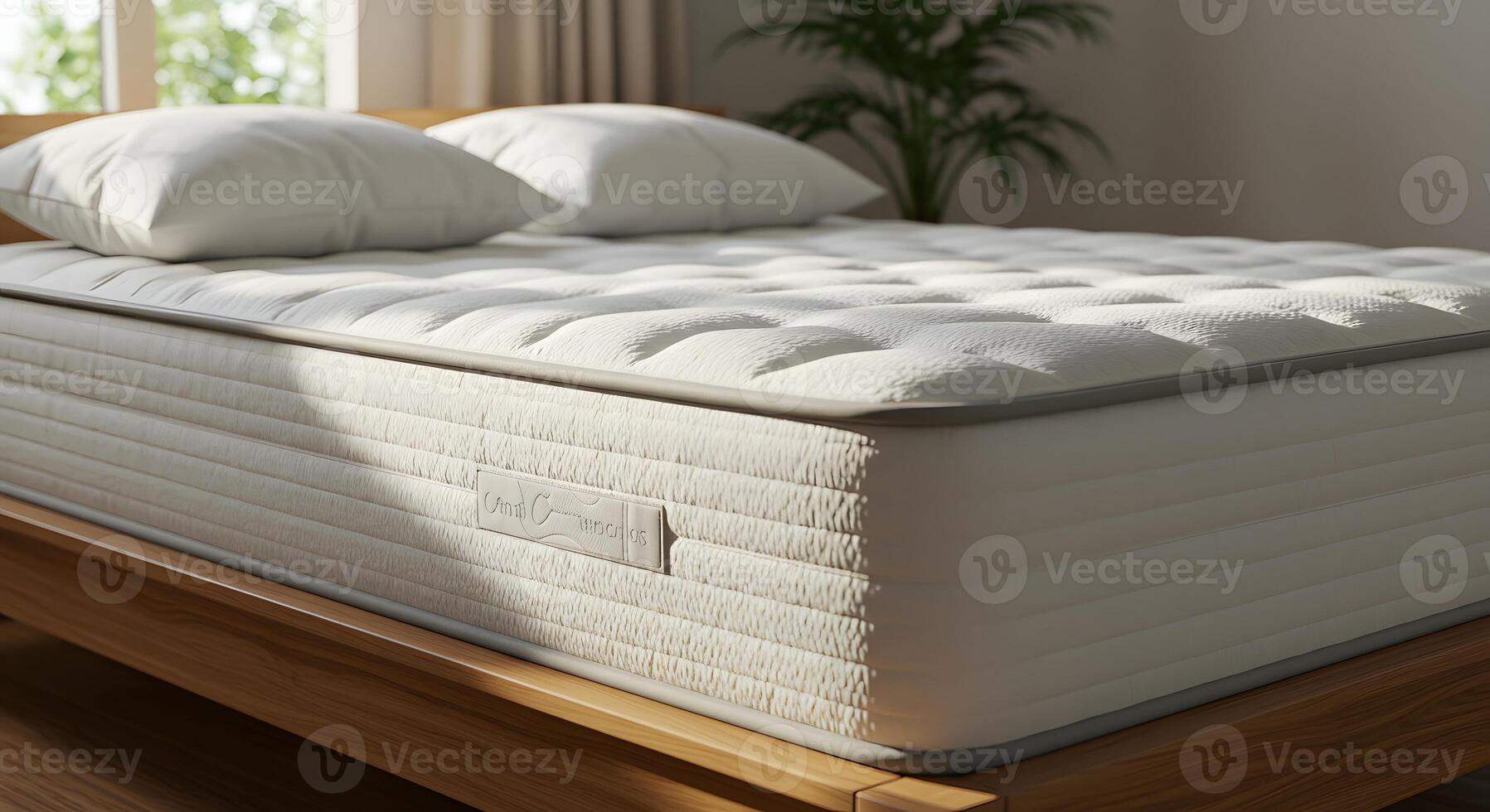 Comfortable white mattress with plush pillows on a wooden bed frame bathed in soft natural light photo